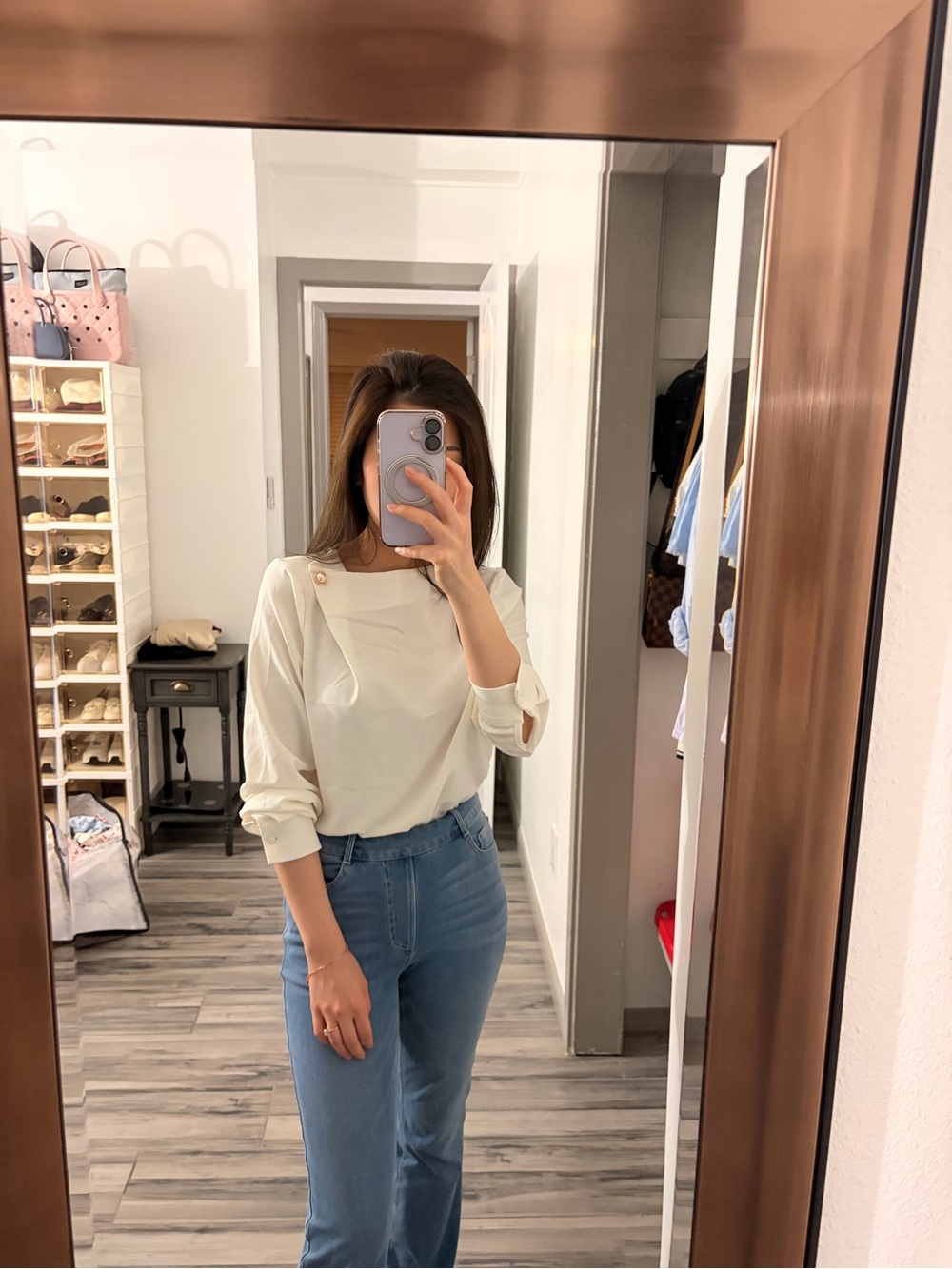 Women's Cream Button-Shoulder Long Sleeve Top